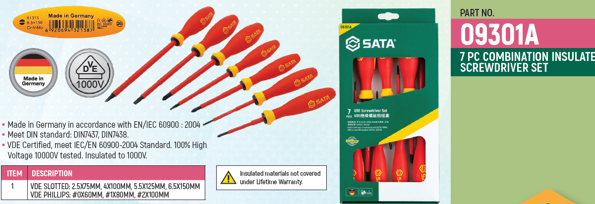 Sata 09301A 7PC Combination VDE Insulated Screwdriver Set