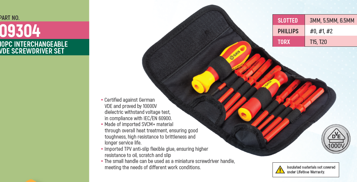 Sata 09304 10Pcs INTERCHANGEABLE VDE INSULATED SCREWDRIVER SET